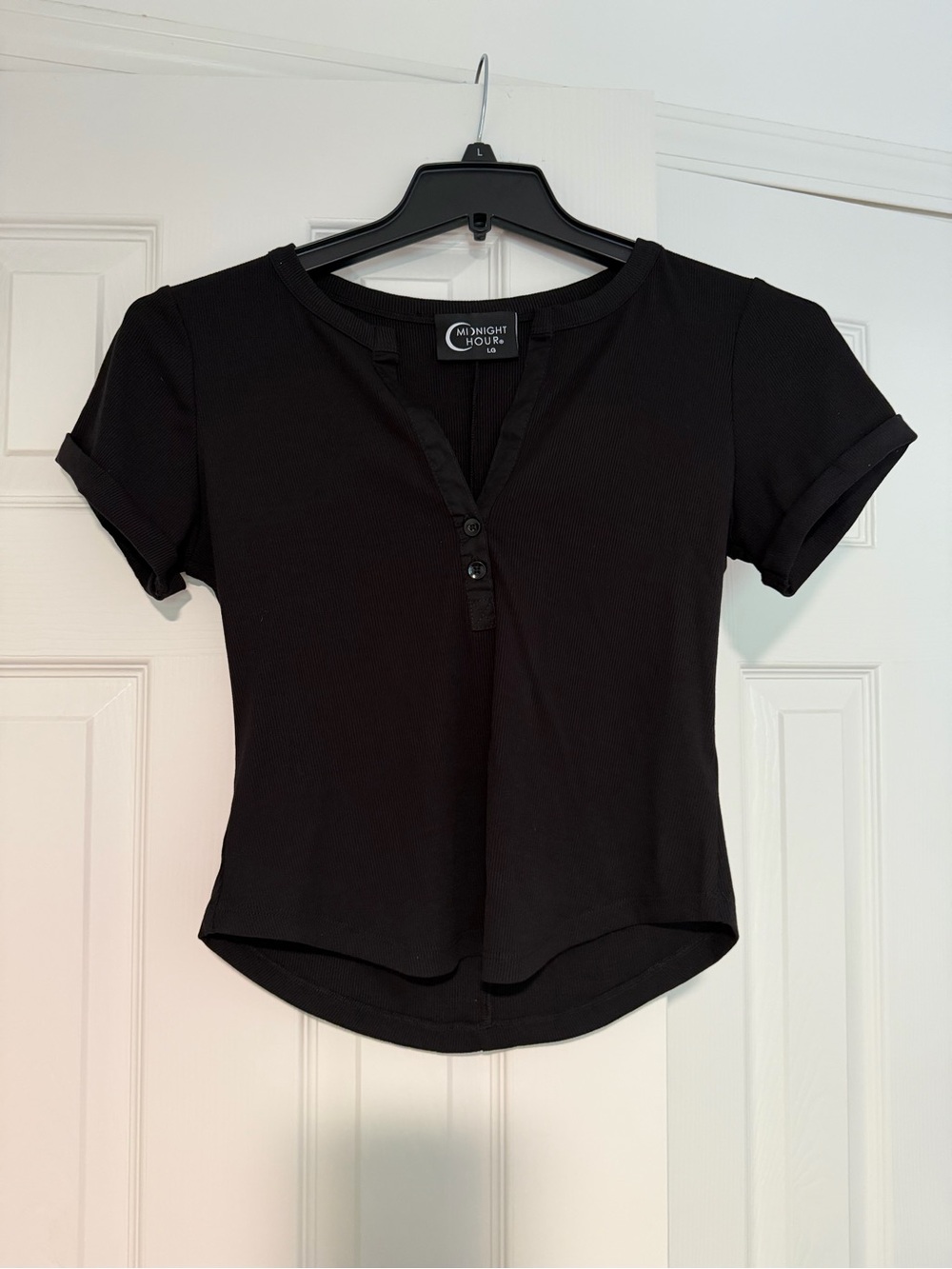Midnight Hour Black Short Sleeve Henley Crop Top